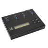 The U-Reach 1 to 3 Portable USB3.2 USB Duplicator and Sanitizer features a black design with a digital display, four labeled USB3.2 ports (Port 1-4) on top, individual port indicator lights, and four front control buttons (two arrows, OK, Esc).