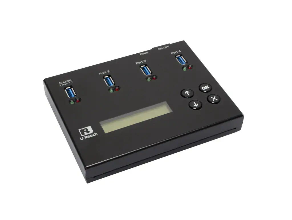 The U-Reach 1 to 3 Portable USB3.2 USB Duplicator and Sanitizer features a black design with a digital display, four labeled USB3.2 ports (Port 1-4) on top, individual port indicator lights, and four front control buttons (two arrows, OK, Esc).