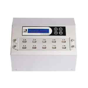 A rectangular electronic device with a digital display, several control buttons, and multiple USB ports on the front panel. The display shows blue text, and the device appears to be a charging or data management station.