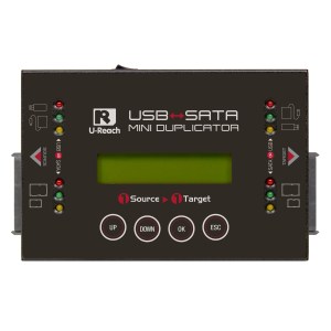 Front view of the U-Reach ディスクツール USB＆SATAデュプリケーター showing a green display, four red buttons (UP, DOWN, OK, ESC), indicator lights, and labeled ports for Source and Target drives.