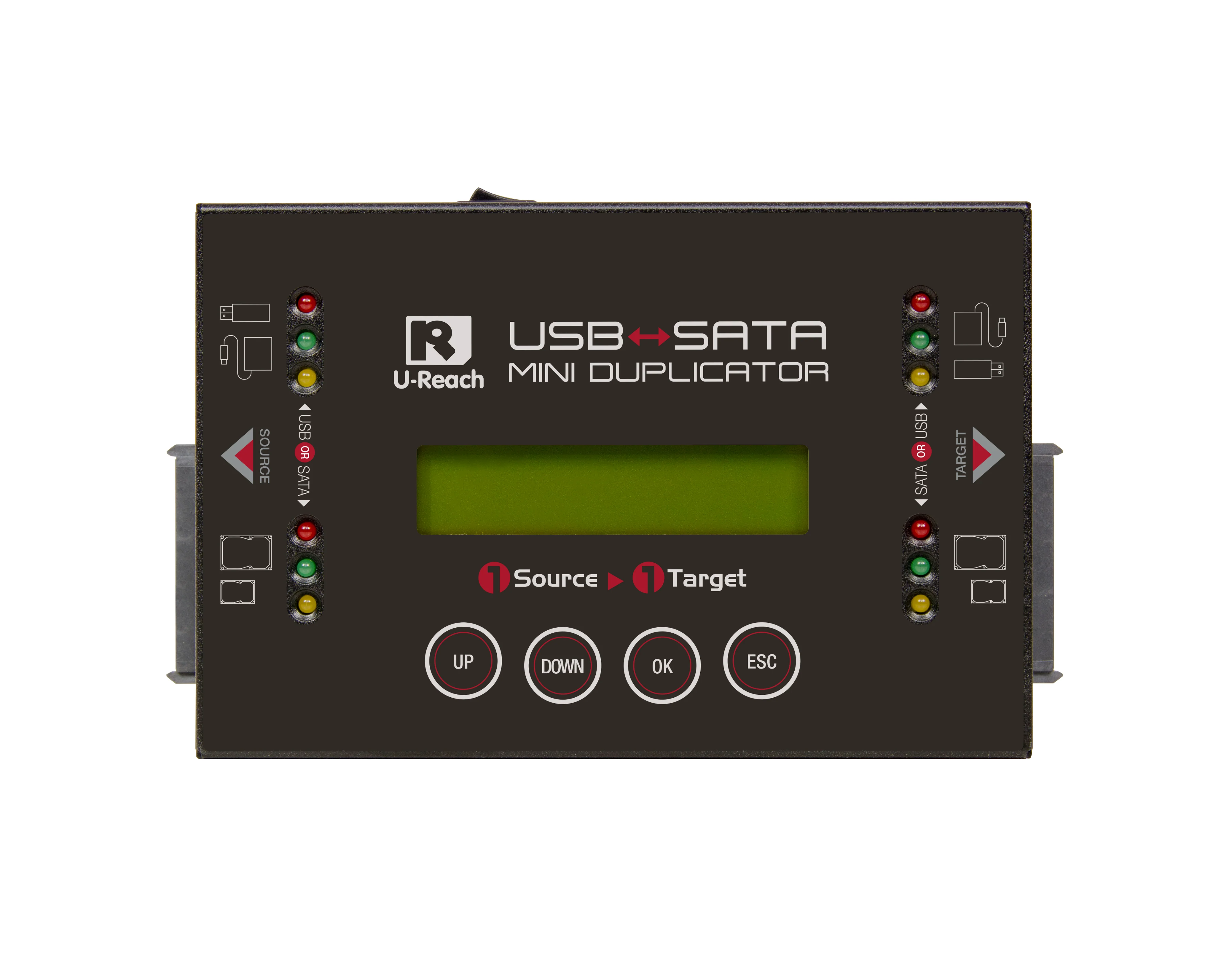 Front view of the U-Reach ディスクツール USB＆SATAデュプリケーター showing a green display, four red buttons (UP, DOWN, OK, ESC), indicator lights, and labeled ports for Source and Target drives.