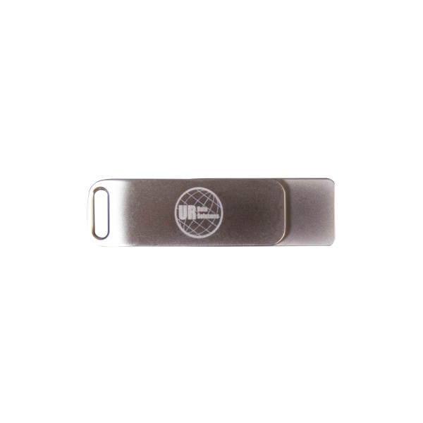 A sleek silver money clip with a rounded rectangular shape and the UR logo in the center, inspired by the Ureach U-Raze Series USB Erase Software.
