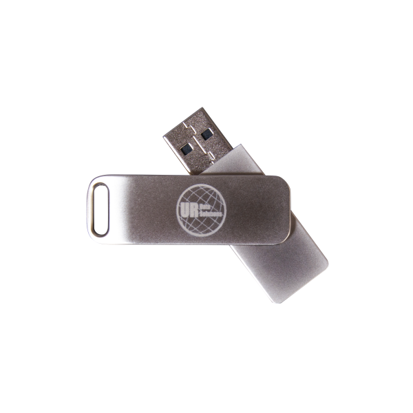 A silver USB flash drive from the Ureach U-Raze Series, featuring a removable cap and an engraved circular UR logo, is placed diagonally on a white background—perfect for use with USB Erase Software.