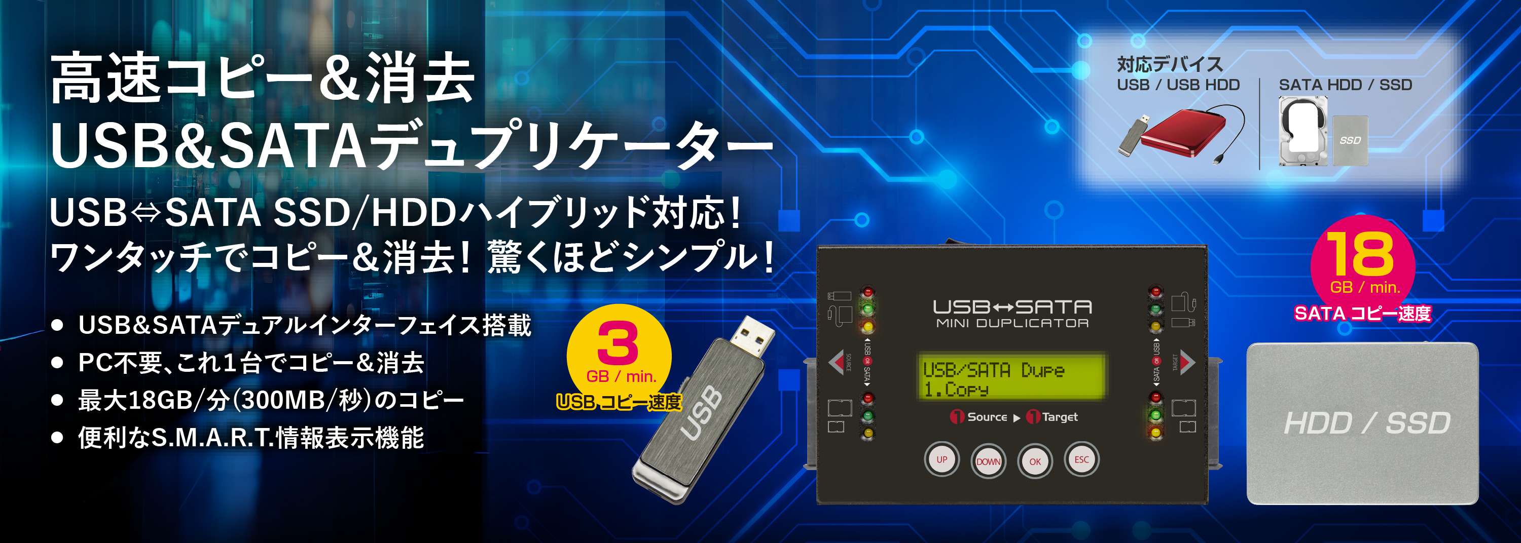 ワンタッチで高速コピー＆消去を実現するUSB＆SATAハイブリッド対応デュプリケーター